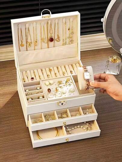 3/1-Layer Jewelry Box With Lock, Jewelry Organizer For Necklaces, Rings, Earrings Display Gifts For Women Back To School