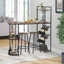 Simple Dining, Bar Table Set With 2 Chairs Kitchen Table, Wine Rack With Side Locker And Bottle Rack(Brown)