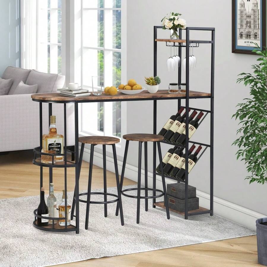 Simple Dining, Bar Table Set With 2 Chairs Kitchen Table, Wine Rack With Side Locker And Bottle Rack(Brown)