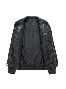 Men Long Sleeve Casual Loose Business Leather Jacket, For Fall, Grunge - Black - View 4