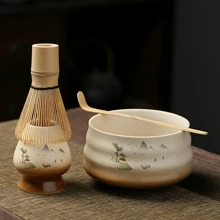 4件日式抹茶碗富山抹茶宋代带纹抹茶点茶工具陶瓷茶杯搅拌器抹茶刷茶具套装 - 彩色 - 查看 1