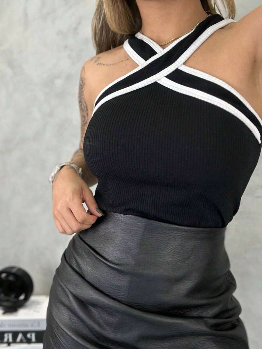 Women's Contrast Link Bodysuit Thick Strap Ana Wrinkle - 黑色 - 查看 1