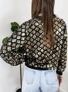 Womens Sequin Long Sleeve Front Zip Jacket With Ribbed Cuffs Bomber For Party - 金鑽 - 查看 7