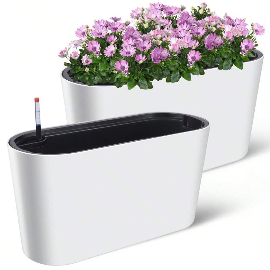 Tall Oval Planter For Outdoor Patio/Porch, Plastic Planter Of 2, Durable, All-Weather With Removable Insert Bucket, Modern Design For Plants, Flowers, Garden, White - White - View 1