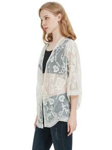 Womens Long Embroidered Lace Kimono Cardigan With Half Sleeves - 米色 - 查看 4