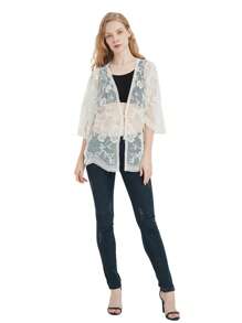 Womens Long Embroidered Lace Kimono Cardigan With Half Sleeves - 米色 - 查看 5