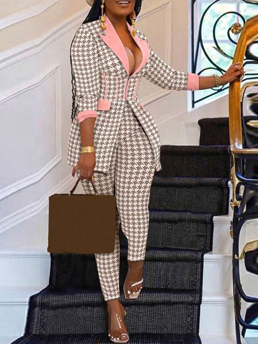 Bộ trang phục công sở thường ngày họa tiết răng sói 2 mảnh dành cho nữ - Hồng - Xem 1