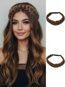 一套亚麻棕色编织合成发头带可调节手工编织头带弹性头带天然发饰女孩日常节日礼物耐热编织头带。