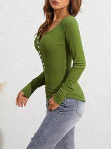 Women Y2k Long Sleeve Tops Slim Fit T-Shirt Contrast Color Scoop Neck Button Shirts Fairy Grunge Vintage Cotton Going Out Tops Aesthetic Clothes Streetwear Fall Spring Outfit - 綠色 - 查看 9