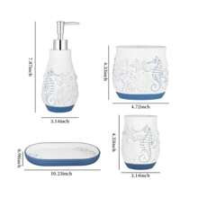Bathroom Accessories Set 4 Pieces - Beach-Inspired 3D Shell And Starfish Pattern - Resin Bathroom Set Including Toothbrush Cup (Haiyang02) - Blue and White - View 2