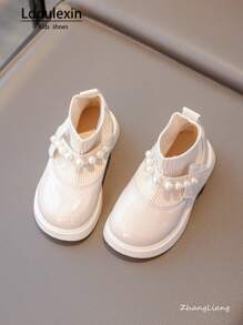 Nuove scarpe da ragazza in pelle a collo basso con design a calzino alto, decorazione semplice con perle, scarpe flat casual per l'autunno/inverno
