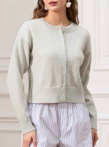 Women's Crop Knit Cardigan Solid Color Crew Neck Button Down Long Sleeve Tops For Fall Winter