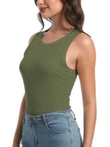 OUTBALL Womens Summer Tank Tops Crewneck Sleeveless Shirts Tanks Slim Fitted Casual Basic Tee Shirt - xanh quân đội - Xem 3