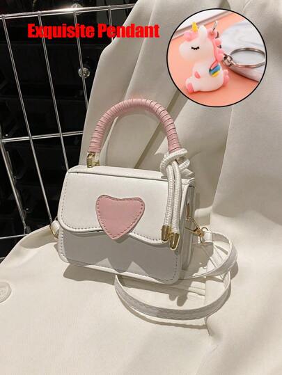 1 件迷你女孩心形拼色 PU 时尚单肩手提包/斜挎包，适合日常使用