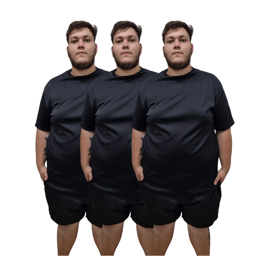 Kit 3 Camisetas Dry Fit Lisas Plus Size - Preto - Visão 1