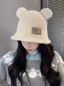 1 szt. Damska jednokolorowa czapka typu bucket, jesienno-zimowa ciepła wiatroszczelna czapka ochronna na uszy, duży rozmiar czapki, uroczy pluszowy miś, polarowa czapka dekoracyjna na uszy, odpowiednia na zewnątrz, zakupy, narciarstwo