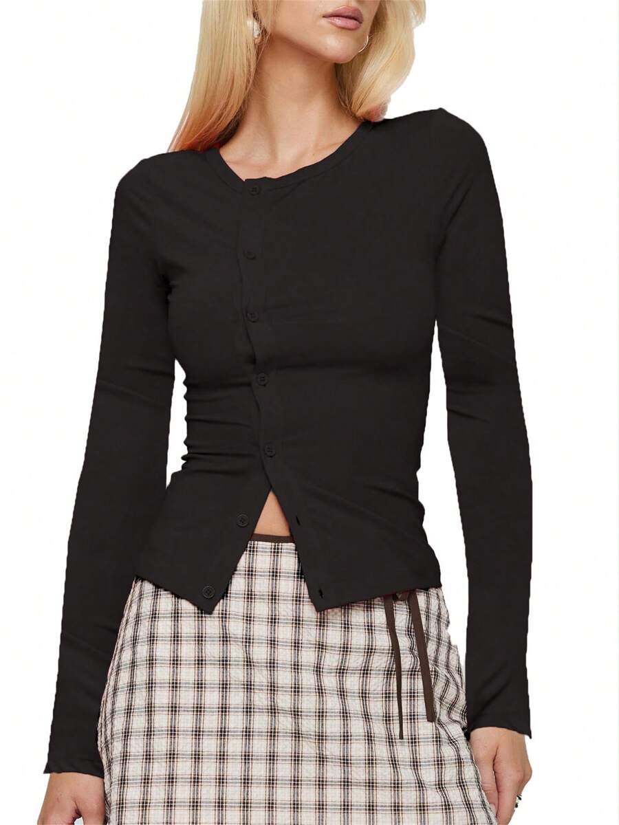 Womens Slim Fit Cardigan Sweaters Sexy Button Fall  Knit Long Sleeve Soft Tops - Black - View 1