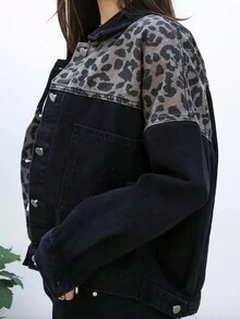 Women's Long Sleeve Denim Jacket With Leopard Print Patchwork