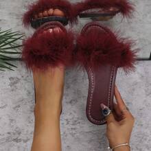 女士平底拖鞋，圆头百搭休闲时尚凉鞋，舒适蓬松装饰大码拖鞋 - 酒紅色 - 查看 6