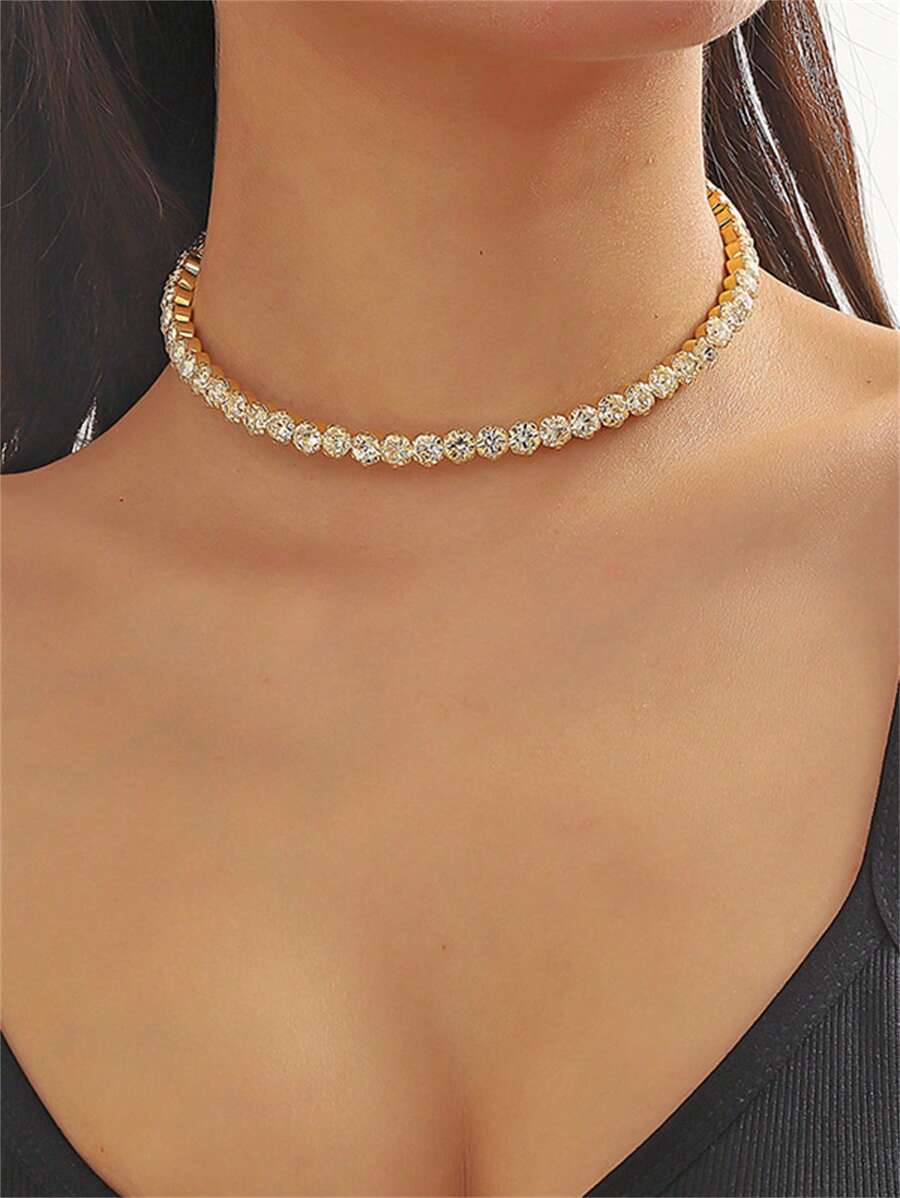 1 件闪亮时尚水钻项链，女士珠宝配饰，适合婚礼新娘礼服、庆典活动 - 金色 - 查看 1