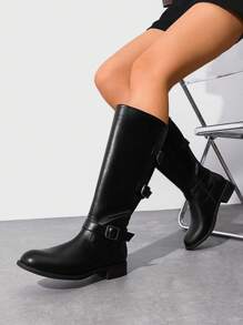 Women's Riding  Knee High Boots Low Block Heel  Round Toe Side Zipper Black Boots Fashionable Comfortable Buckle Decorated Boots - Black - View 3