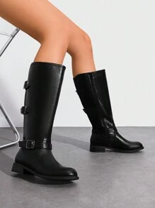 Women's Riding  Knee High Boots Low Block Heel  Round Toe Side Zipper Black Boots Fashionable Comfortable Buckle Decorated Boots - Black - View 2