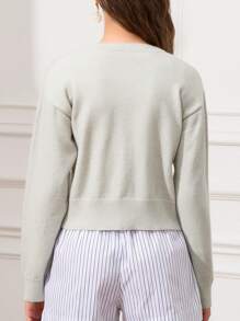 Women's Crop Knit Cardigan Solid Color Crew Neck Button Down Long Sleeve Tops For Fall Winter