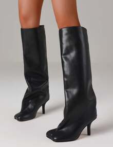 Knee High Boot Square Toe Kitten Heel Stiletto Heeled Boots For Woman Wide Calf Long Boots Heeled Slouchy Formal Shoes Winter Tall Boots For Women - 黑色 - 查看 4