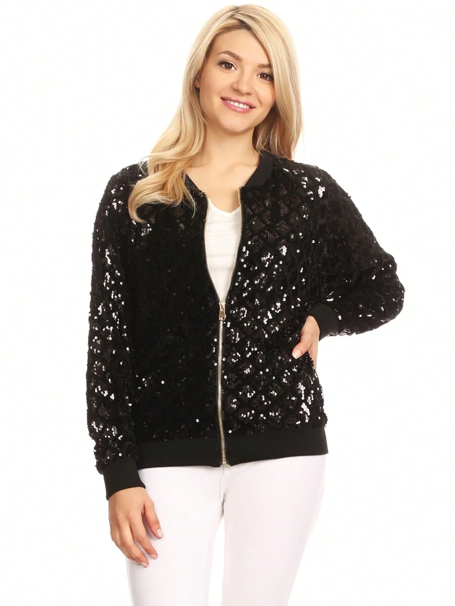 Chaqueta de manga larga con cremallera frontal y puños acanalados, con lentejuelas, para mujer, ideal para fiestas - Negro - Ver 1