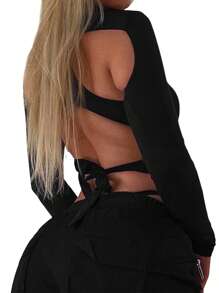 Women Slim One Piece Jumpsuit, Long Sleeve High Neck Sheer Mesh Irregular Cutout Bodysuit For Party Club - màu đen - Xem 3