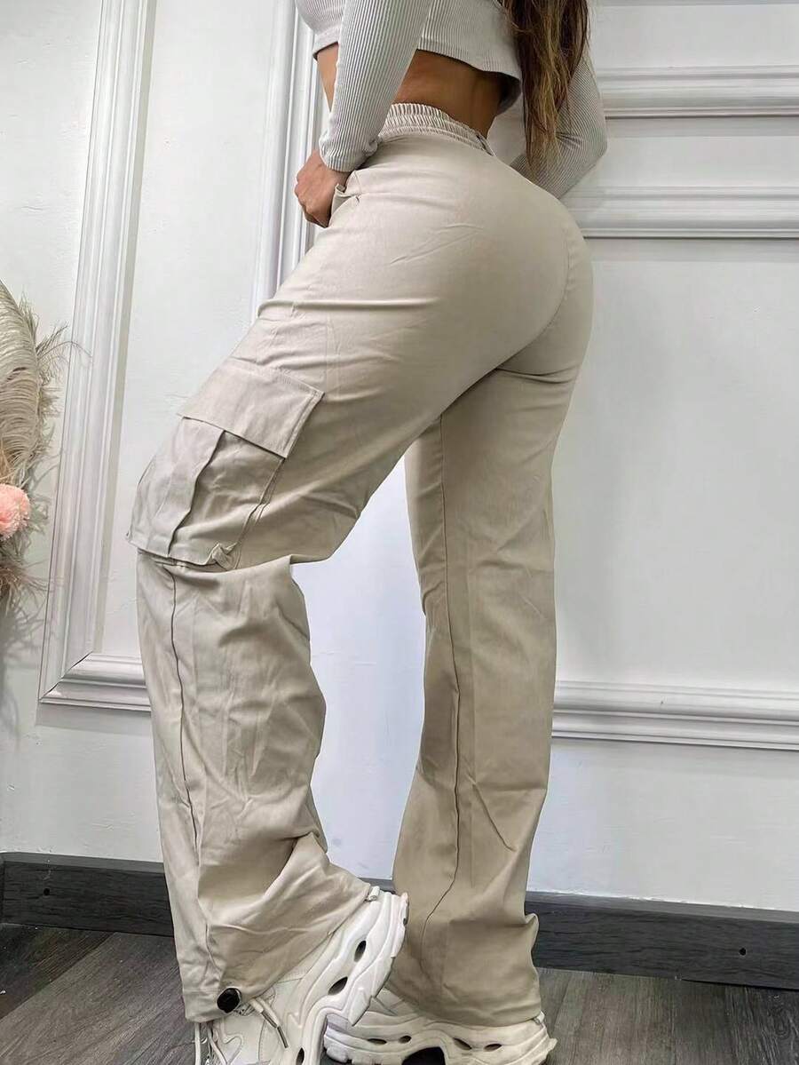 High Waist Wide Leg Straight Loose Fit Casual Pants, Work/Commute - Khaki - View 1