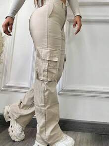 High Waist Wide Leg Straight Loose Fit Casual Pants, Work/Commute - Khaki - View 3