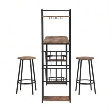 Simple Dining, Bar Table Set With 2 Chairs Kitchen Table, Wine Rack With Side Locker And Bottle Rack(Brown)