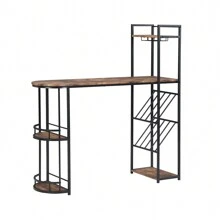 Simple Dining, Bar Table Set With 2 Chairs Kitchen Table, Wine Rack With Side Locker And Bottle Rack(Brown)