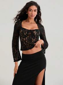 Blusa corta de encaje floral transparente para mujer, manga larga, escote corazón, lazo frontal, ropa de club - Negro - Ver 6