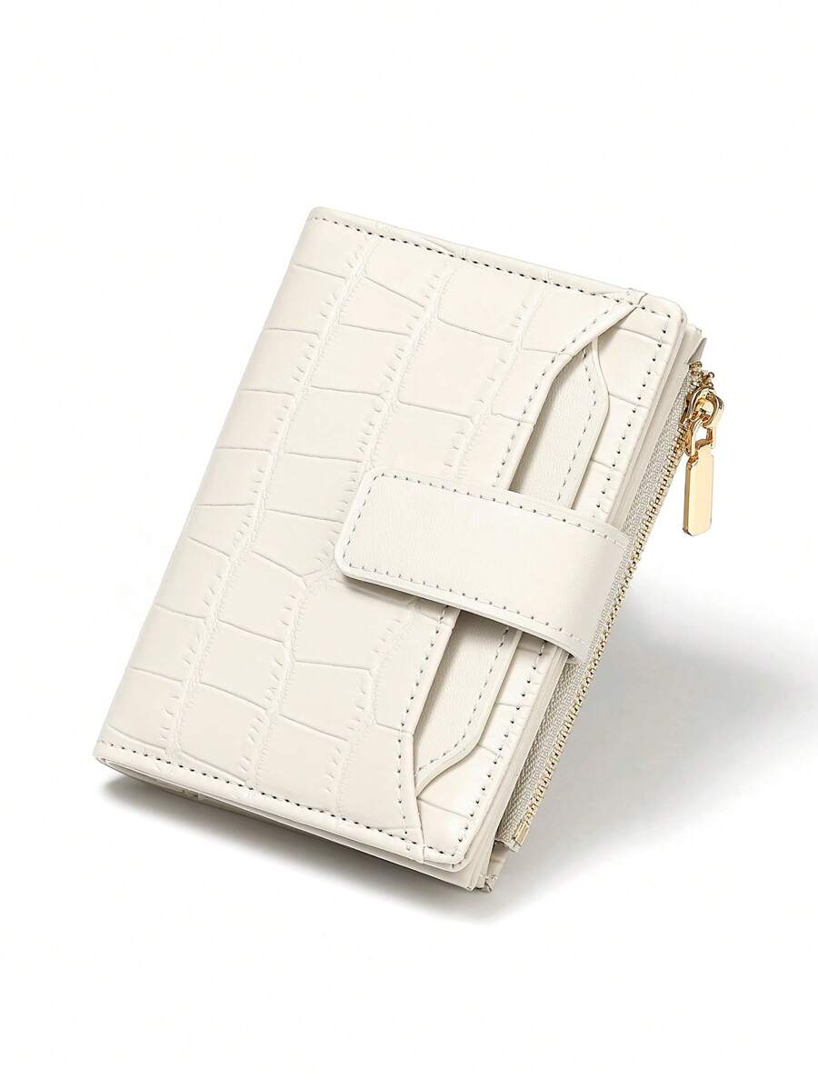 女士短款双折石头印花钱包鳄鱼压纹 PU 皮革双层大容量拉链零钱包带多个卡槽和手机隔层时尚海外潮流女士礼物