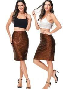 Women's High Waist Sparkly Sequins Midi Skirt Pencil Cocktail Party Skirt - Brown - View 5