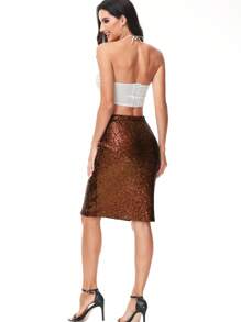 Women's High Waist Sparkly Sequins Midi Skirt Pencil Cocktail Party Skirt - Brown - View 2