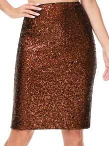 Women's High Waist Sparkly Sequins Midi Skirt Pencil Cocktail Party Skirt - Brown - View 3