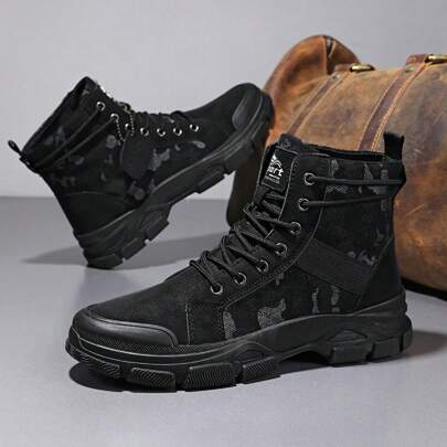 Camouflage Men's High-top Lace-up Work Boots, Outdoor Fashionable Retro Pu Leather Boots, Breathable & Anti-slip, Perfect For Outdoor Activities Like Tourism, Hiking Etc.
