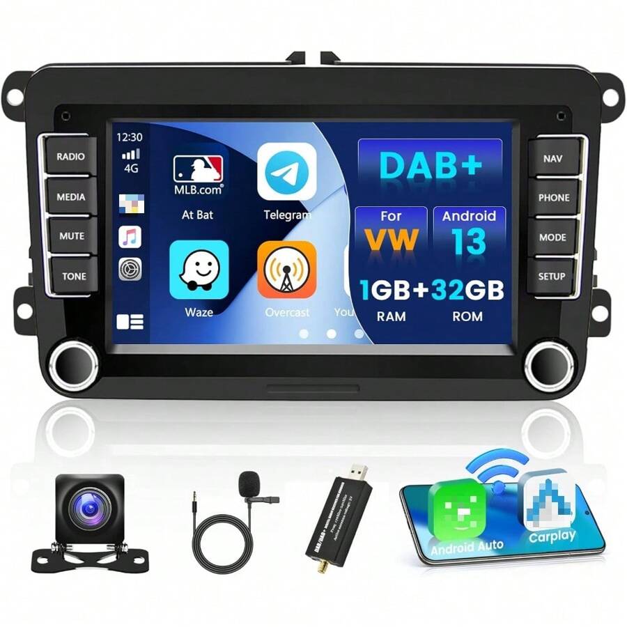 Autoradio DAB/DAB+ Android 13 con carplay wireless Auto Android per VW Golf 5 6 Polo Passat Jetta Skoda Seat, display touch screen da 7 pollici radio Bluetooth con GPS/FM/RDS/WiFi Canbus telecamera di retromarcia - nero - Visualizzare 1