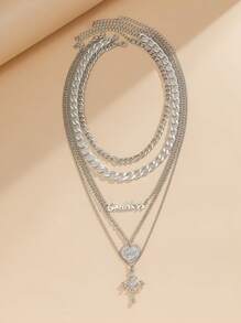 5pcs Retro Multi-Layer Heart Shaped Relief Figure & Cross Pendant Necklace - Silver - View 3