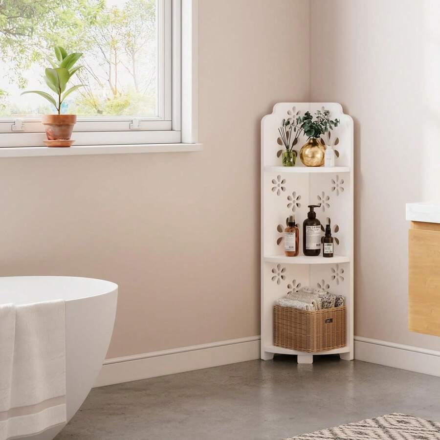 Corner Shelves Free Standing Shelf Floor Storage Unit For Bathroom, Living Room, Bedroom, Kitchen, Balcony Or Office - Corner Flower Pattern/3 Tier - View 1