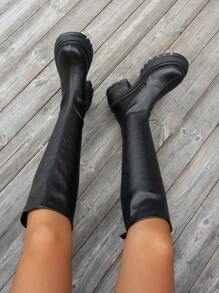 Fall/Winter 2025 New Uniform Boots Women's Leather Round Toe Chunky Heel Thick Sole Over-The-Knee Boots, Back Zipper High Waterproof Platform Design, Suitable For All Seasons Black Mid-Calf Boots, Suitable For Daily Outdoor Commuting, Fashionable Women's Tall Boots, Size Runs Small, Recommend Ordering Up - Black - View 3