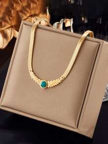 1 件独特欧美风格不锈钢创意羽毛翼绿松石蛇骨装饰吊坠项链，适合日常佩戴、礼物 - 金黃色 - 查看 8