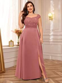 Plus Size Women's Off-Shoulder Sequin Lace Satin Split Hem Evening Dress, Suitable For Valentine's Day, Summer, Wedding Guest, Graduation Party, Birthday, Formal Dinner, Holidays And Other Occasions - Dusty Pink - View 5