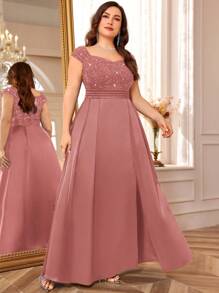 Plus Size Women's Off-Shoulder Sequin Lace Satin Split Hem Evening Dress, Suitable For Valentine's Day, Summer, Wedding Guest, Graduation Party, Birthday, Formal Dinner, Holidays And Other Occasions - Dusty Pink - View 6