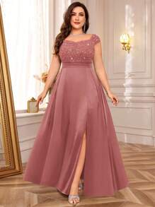 Plus Size Women's Off-Shoulder Sequin Lace Satin Split Hem Evening Dress, Suitable For Valentine's Day, Summer, Wedding Guest, Graduation Party, Birthday, Formal Dinner, Holidays And Other Occasions - Dusty Pink - View 2