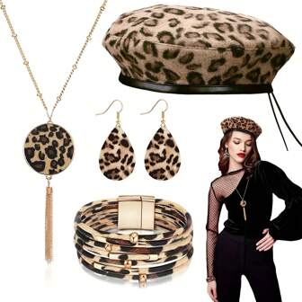 4pcs Women Female Leopard Fashion Accessories Set Hat Earrings Pendant Neck Chain Bracelet Suitable For New Year Elegant Fashion Party Wear