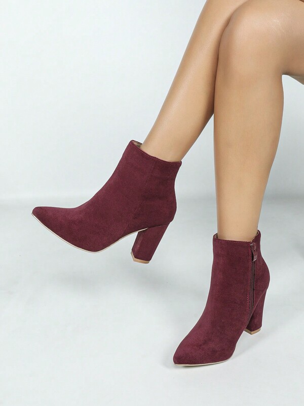 Women's Chili Red Pointed Toe Thick Heel Zipper Short Boots, Solid Color Minimalist Fashion, Comfortable & Versatile